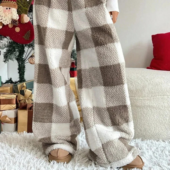 Coffee Brown Casual Women's Color Block Plaid Fleece Lined Pants - Picture 3 of 3